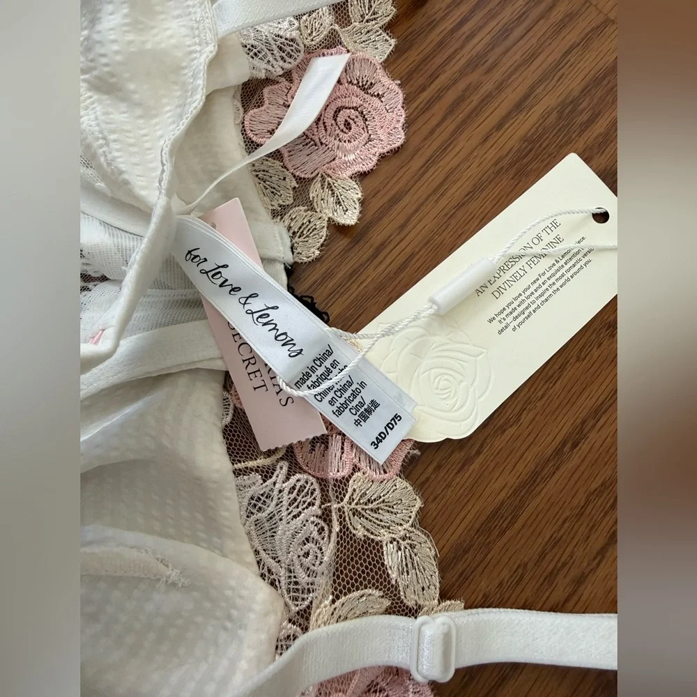 🌷 For Love and Lemons Evie Floral Underwire Bra in Cream Pink Florals Lace - 34D - Picture 9 of 15